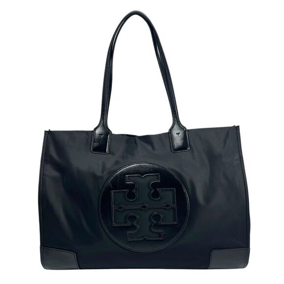 Tory Burch Women's Black Ella Nylon Patent Leather Trim Tote Bag Handbag Logo - Picture 1 of 12